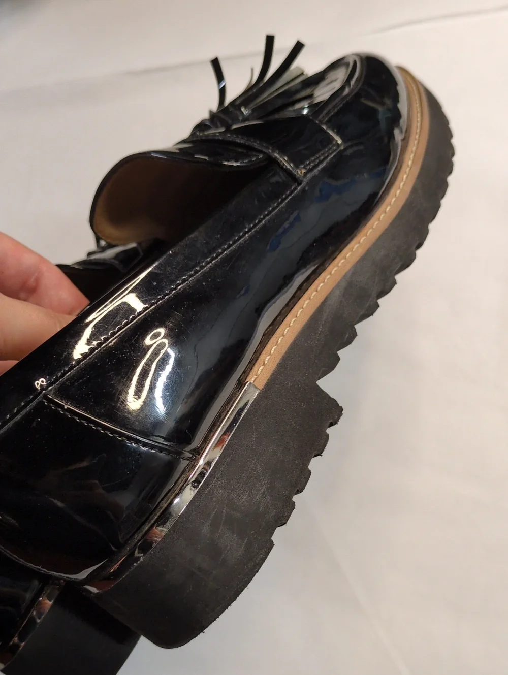 Franco Sarto Carolynn Tassel Loafer Black Faux Patent, Size 10